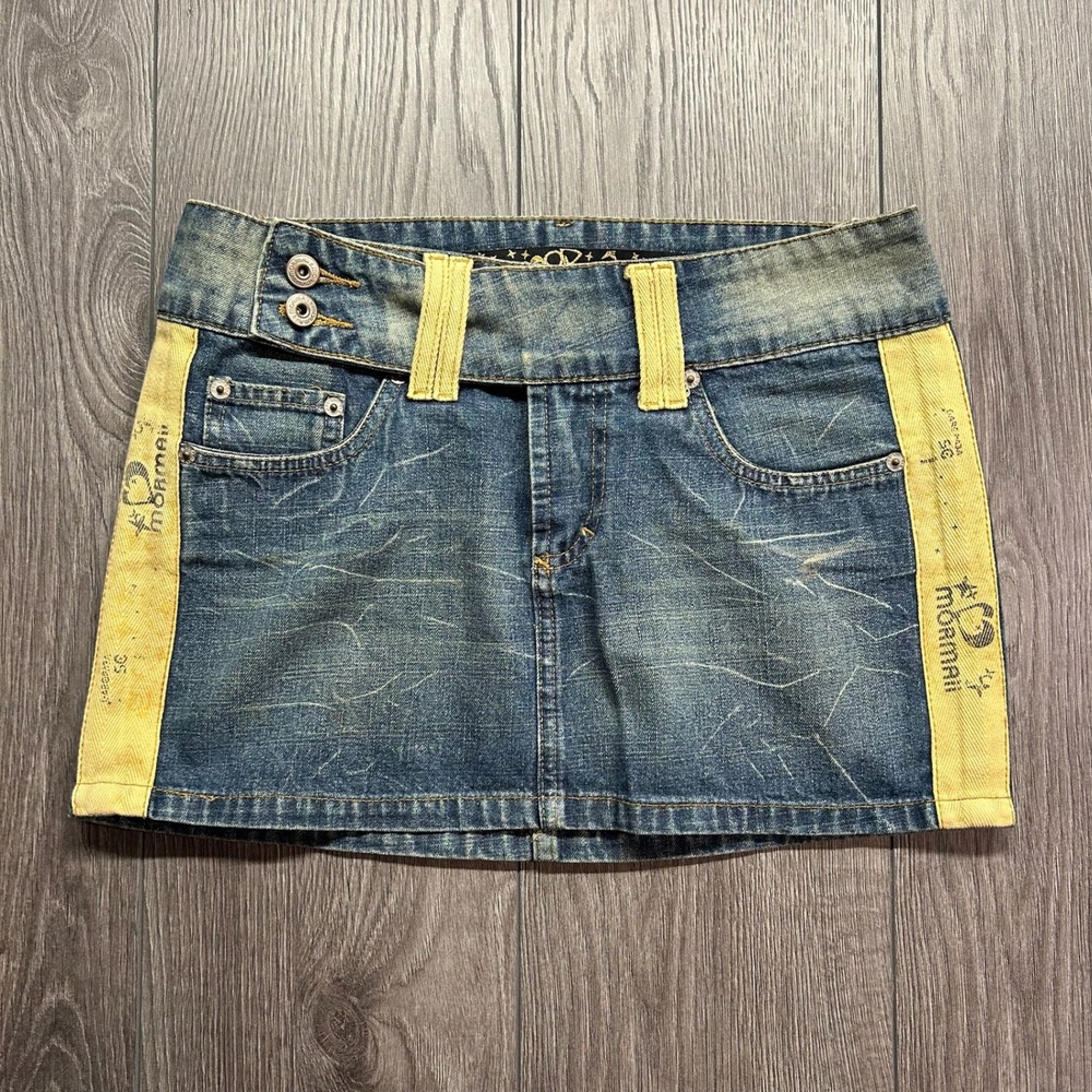 Mormaii Y2K Denim Mini Skirt Low Rise Yellow Stripe Graphic Blue 40 30w